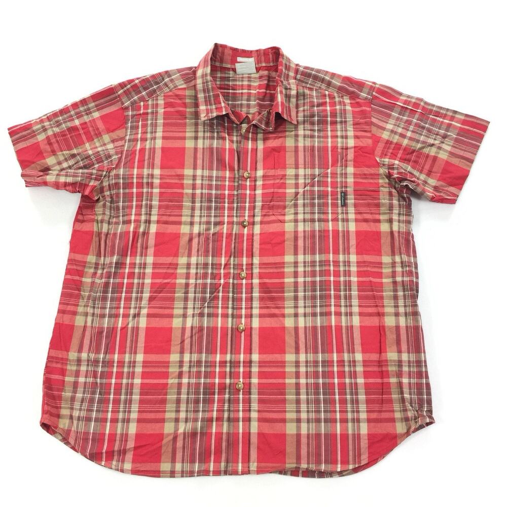 Columbia Plaid Regular Fit Short Sleeve Button Down Collared Shirt XL Men Red